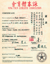 Wing Chun Kung Fu Athletics Association certificate 1